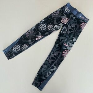 Nike Pro Dri-Fit Youth Size Large Flower Print Leggings Sports Navy Blue Pink